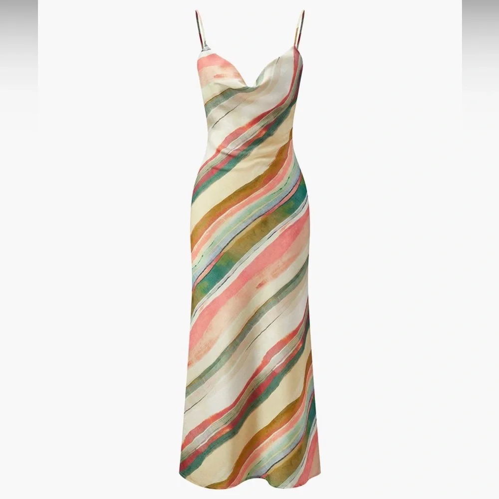 Cowl Neck Dress in Multicolor Diagonal Stripes - Picture 1 of 2